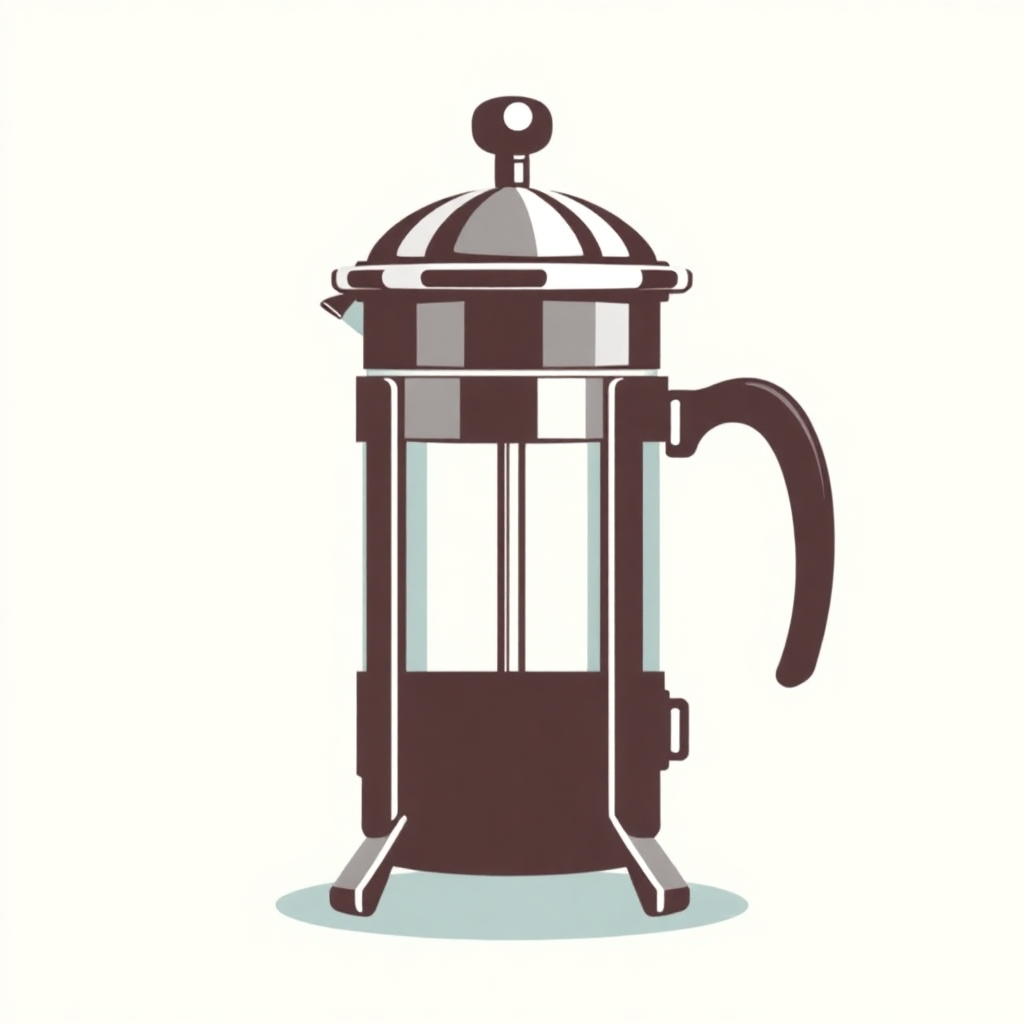 The image is an illustration of a French press coffee maker. It is a large, cylindrical machine with a glass body and a metal lid on top. The lid has a handle on the right side and a spout on the left side. The body of the machine is made of glass and has a black base. The handle is curved and appears to be made of metal. The machine is standing on four legs and is placed on a light blue background. The overall design is simple and minimalistic.