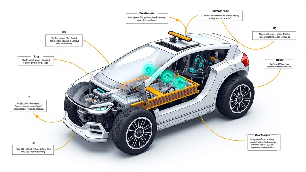 A detailed cutaway illustration of a robotaxi, highlighting the placement and function of various sensors (e.g., LiDAR, radar, cameras). Data streams from these sensors flow towards a stylized central AI 'brain' within the vehicle, visually representing the decision-making process.
