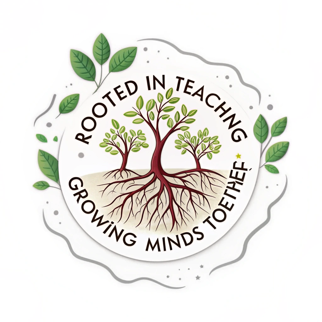 Intertwined Roots & Sprouts: Focus on a visual of several strong roots intertwined, signifying teacher support and collaboration. From these roots, vibrant green sprouts emerge, symbolizing student growth and fresh ideas. The text 'Rooted in Teaching: Growing Minds Together' can be wrapped around the design or placed strategically.