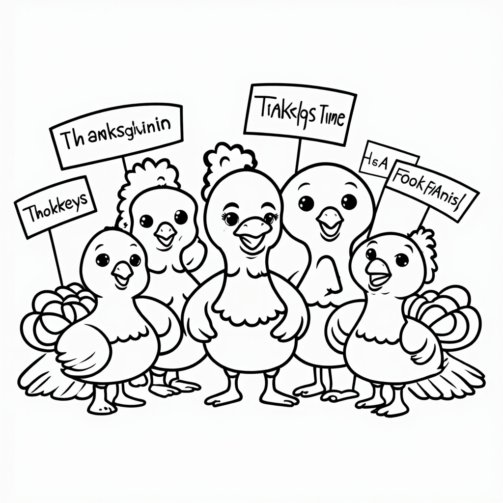 Group of small cartoon turkeys, each holding a mini sign with funny thanksgiving wishes.