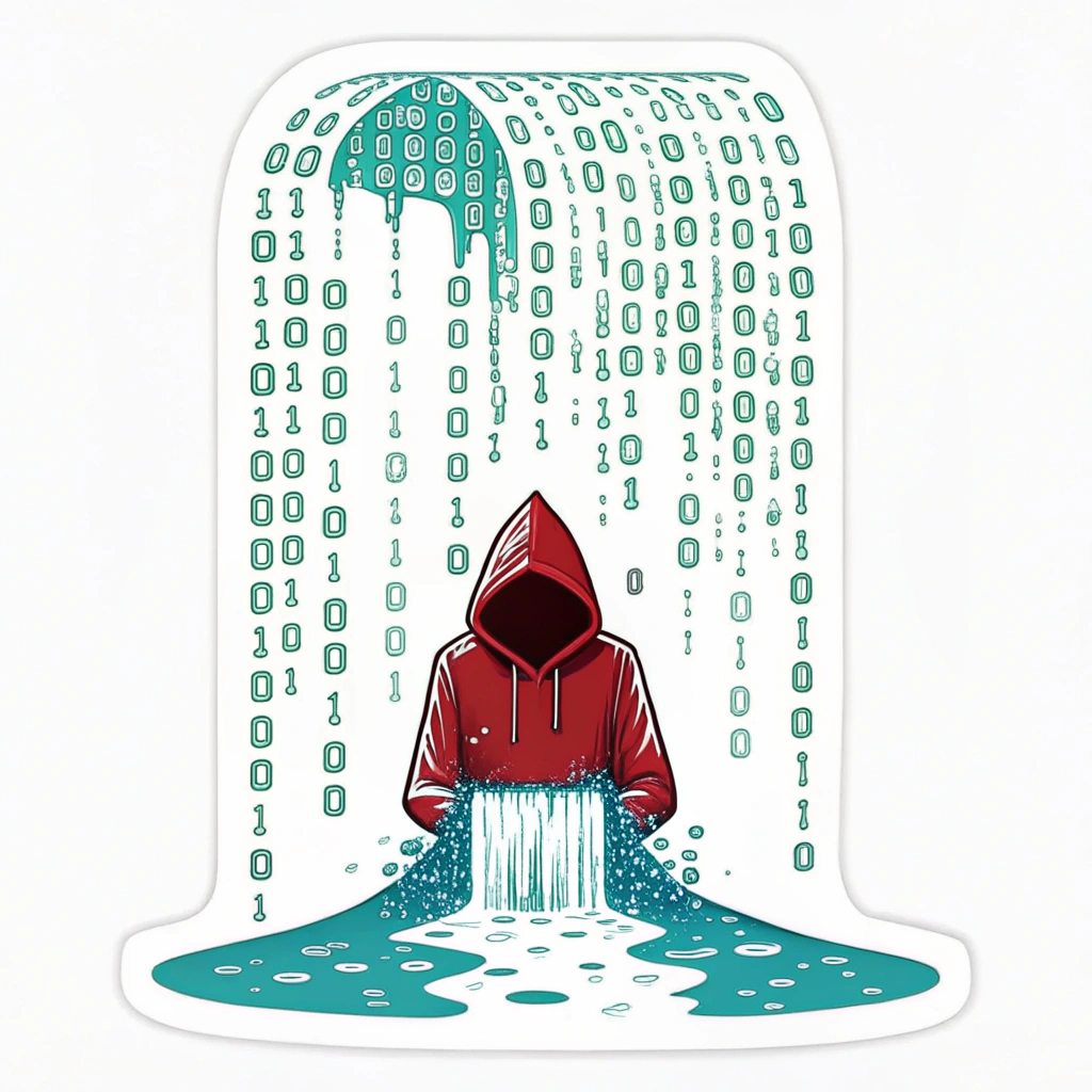 A stream of green or blue binary code (0s and 1s) flowing downwards. In the middle, a section of the code is glitching or corrupted, forming a pixelated, red, shadowy silhouette of a hooded figure (the intruder) emerging from within the stream.