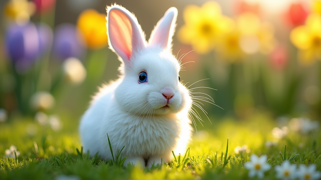 The image is a close-up of a white rabbit sitting on a bed of green grass. The rabbit has pink ears and blue eyes, and its nose is pink. It is looking directly at the camera with a curious expression. The background is blurred, but it appears to be a garden with colorful flowers and daffodils. The overall mood of the image is peaceful and serene.