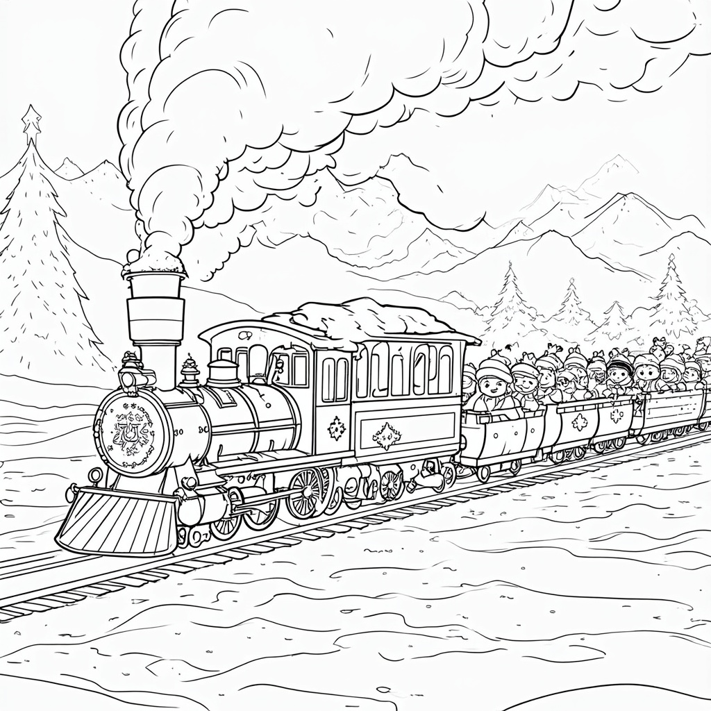 The image shows a train with people riding on it, surrounded by trees and mountains in the background. There is a watermark on the image, indicating that it is a free printable Christmas coloring page.