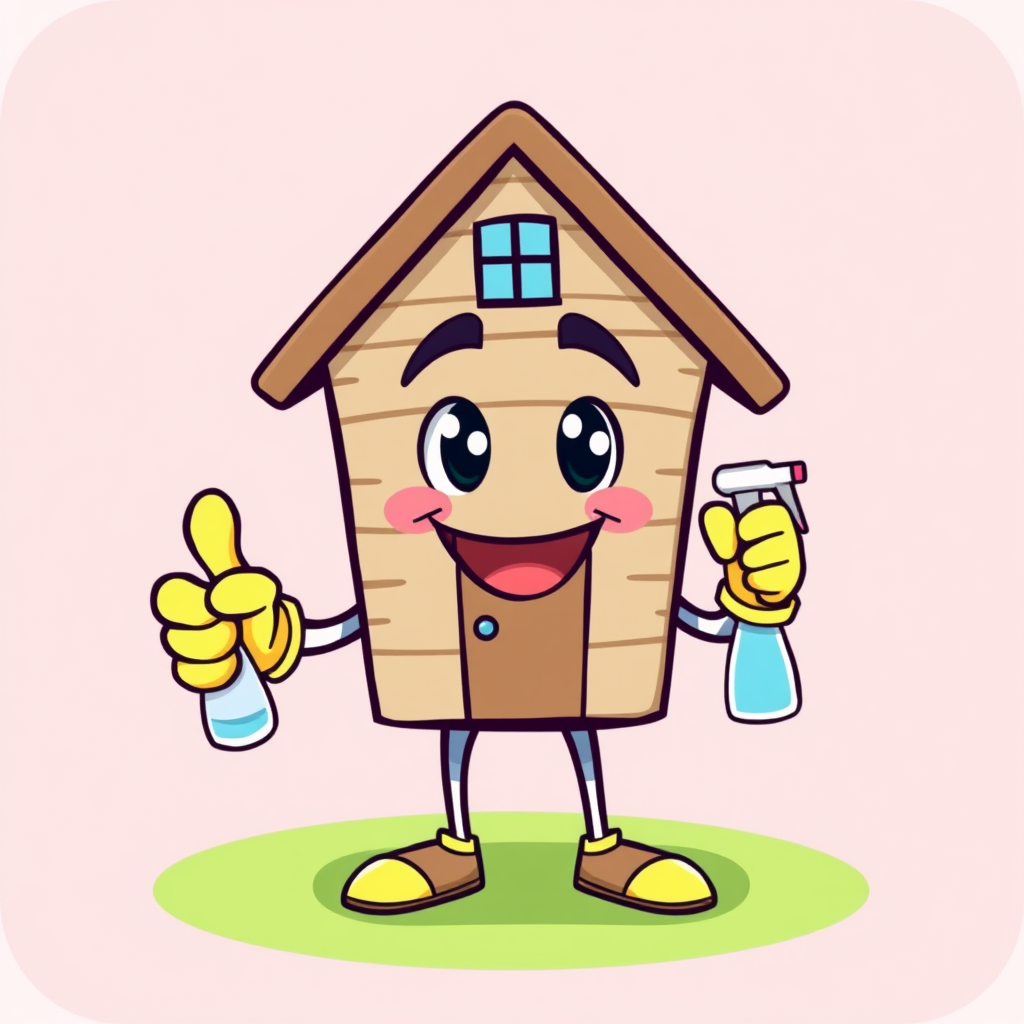 A cartoon-style house character wearing cleaning gloves and holding a spray bottle, giving a thumbs-up.