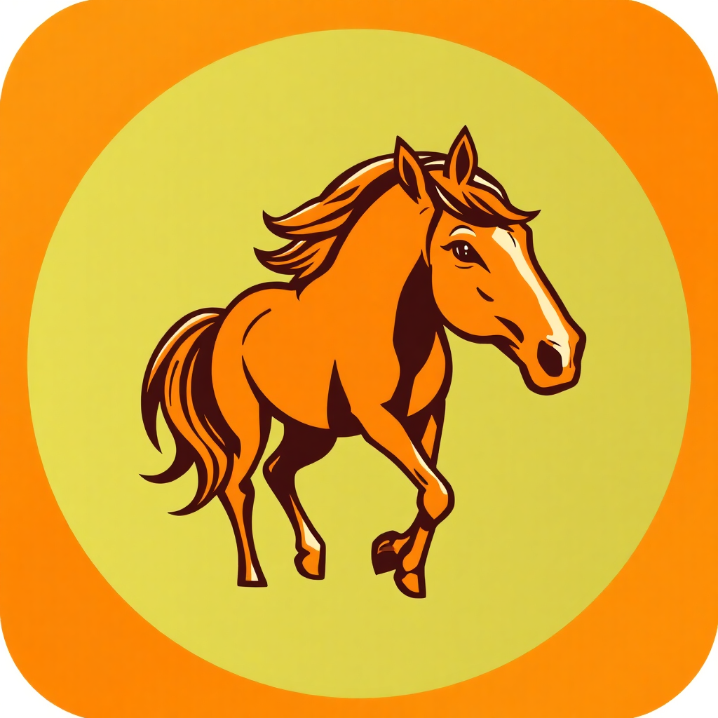 The image is a square icon with an orange and green background. In the center of the icon, there is a brown horse with a long mane and tail. The horse is galloping with its head turned to the side and its legs stretched out in front of it. Its eyes are closed and its mouth is slightly open, as if it is in motion. The overall design is simple and cartoon-like.