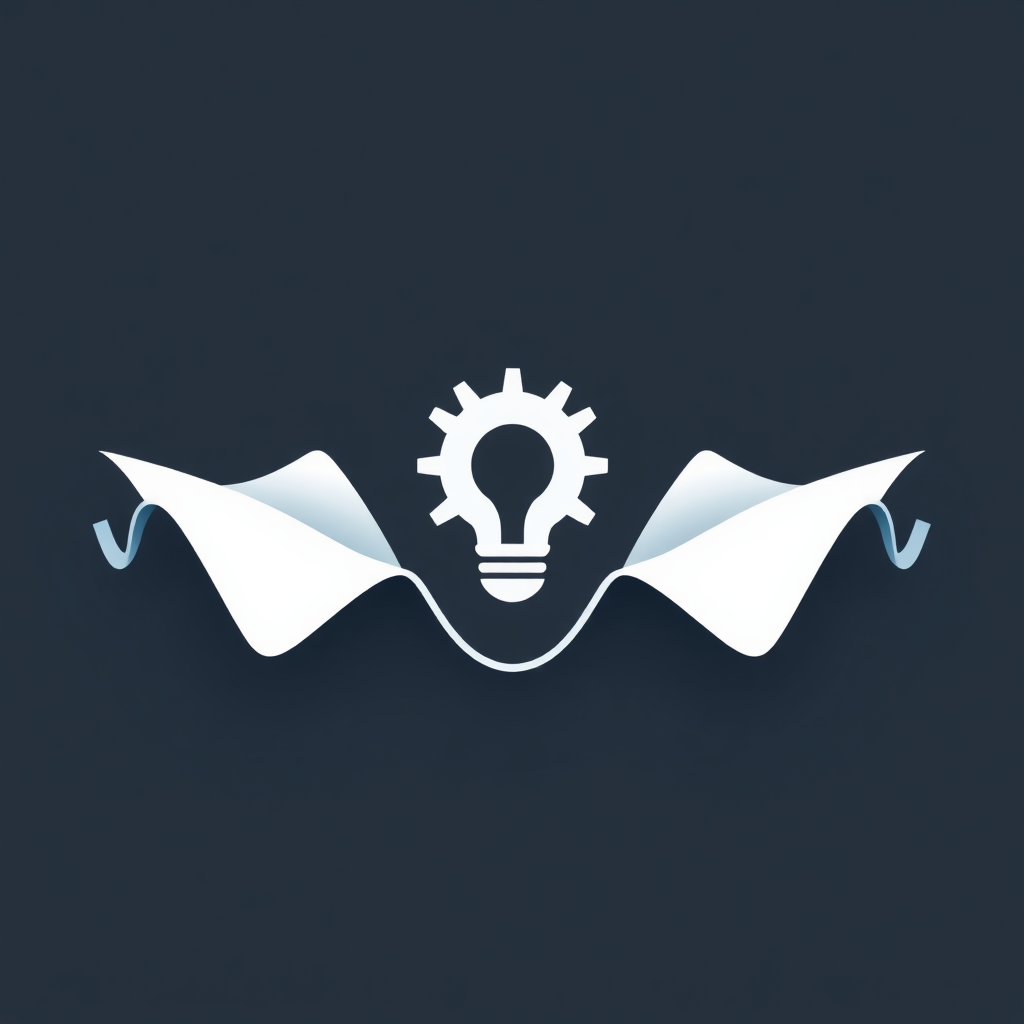Unfolding Blueprint/Idea: A logo depicting a stylized piece of paper or a blueprint that is actively unfolding or unrolling, revealing a core design symbol (e.g., a lightbulb turning into a gear, then a finished product icon) at its center, representing the discovery and development stages within the design process.