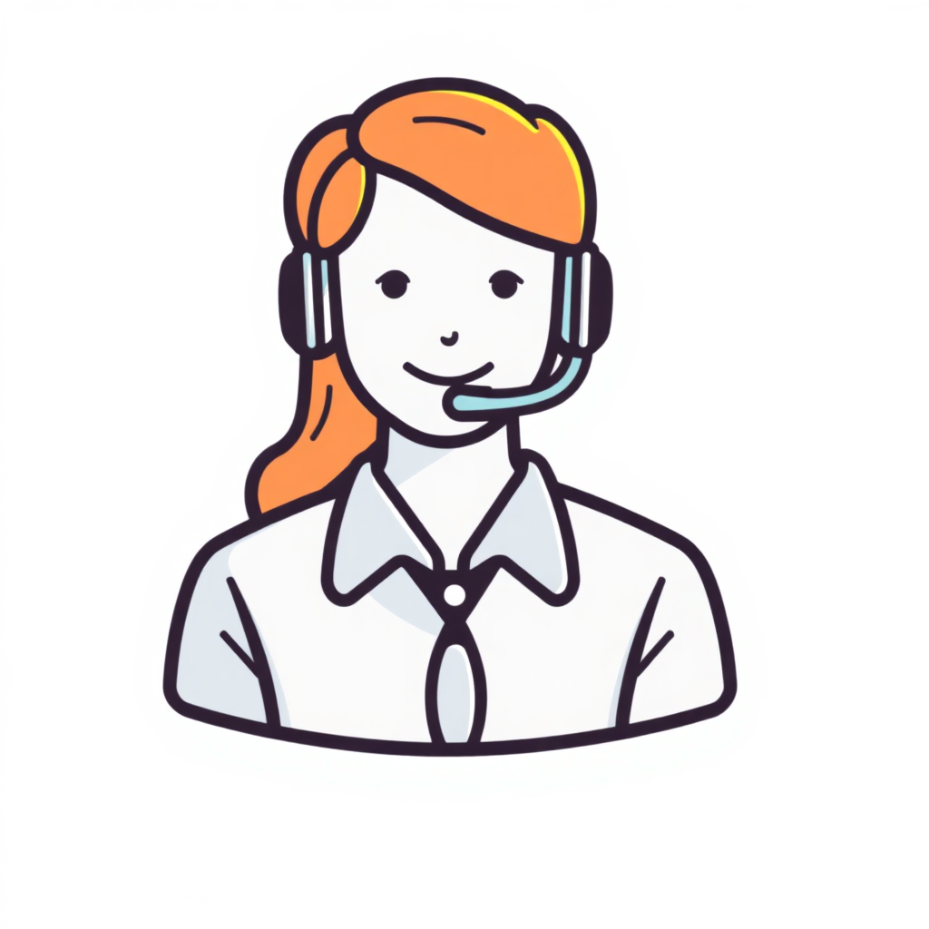 The image is an illustration of a young woman wearing a headset. She has orange hair tied up in a ponytail and is wearing a white collared shirt. The headset has a microphone attached to it. She is smiling and appears to be in a call center or a customer service representative position. The illustration is in a simple, cartoon-like style.