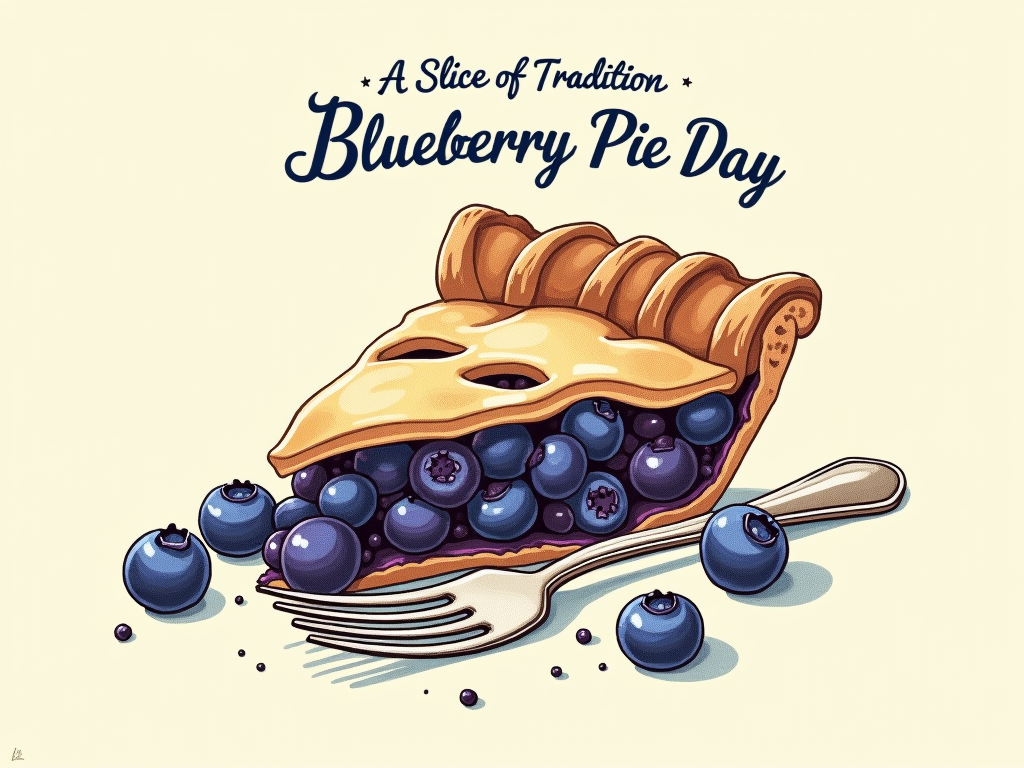 A composition featuring the vintage pie slice illustration alongside illustrations of loose blueberries and perhaps a vintage fork. Title: 'A Slice of Tradition - Blueberry Pie Day'.