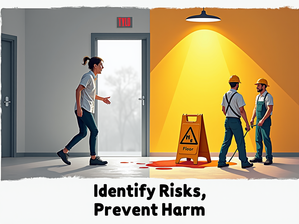A split-image poster. The left side shows a potential accident scenario in grayscale (e.g., person about to slip). The right side shows the same scene in color with preventative measures in place (e.g., 'Wet Floor' sign, spill cleaned up) and workers safe. Title: 'Identify Risks, Prevent Harm'.
