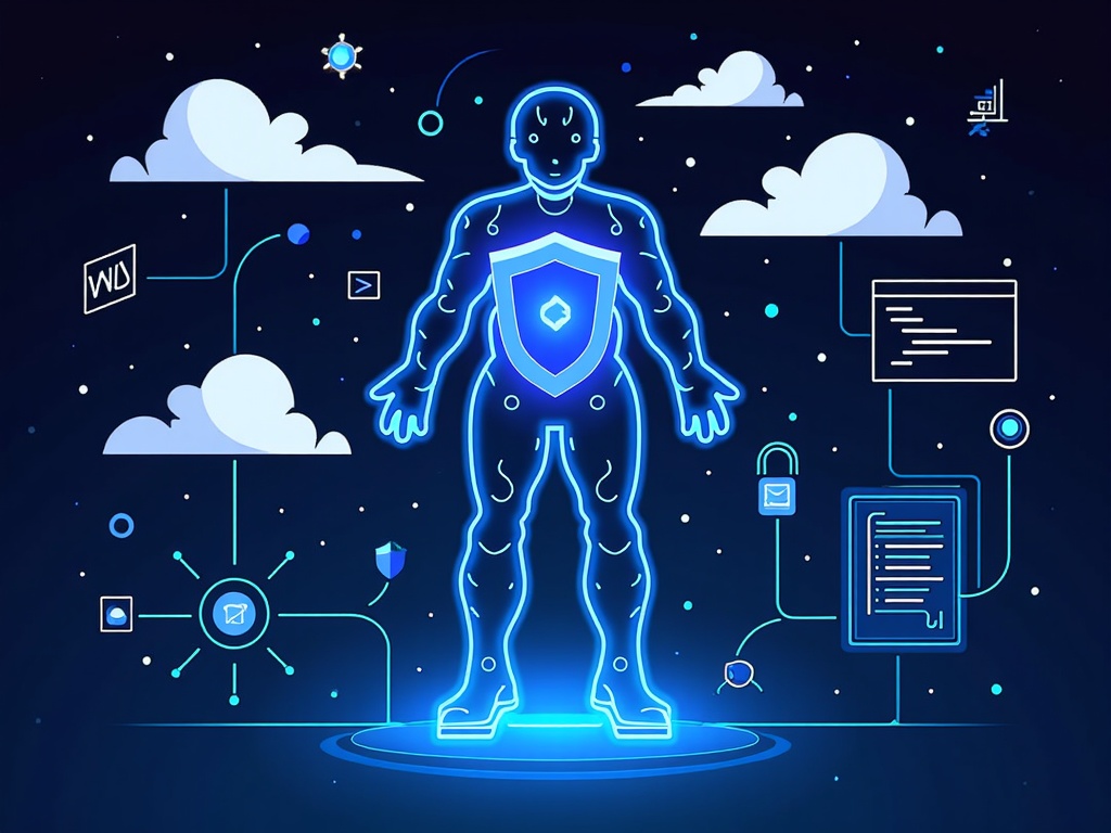 Digital Guardian Abstract: Create an abstract guardian figure using light, geometric forms, or refined shield motifs. This entity actively protects interconnected symbols of Microsoft platforms (stylized cloud, code blocks, data streams), conveying vigilant, intelligent security over the ecosystem.