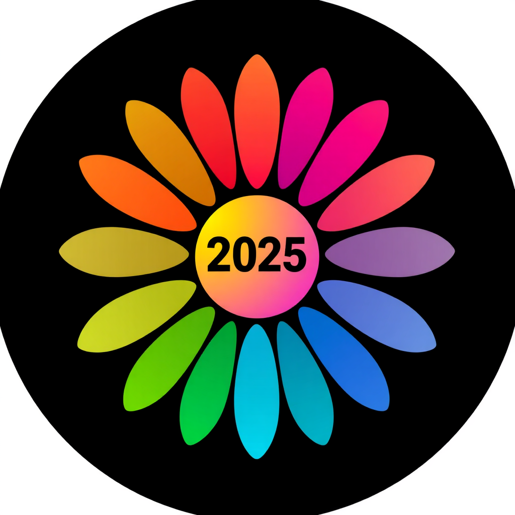 A modern, minimalist daisy icon where each petal is a subtle sound wave pointing outwards from a central '2025'. The design uses a vibrant, gradient color palette that suggests resonating energy.