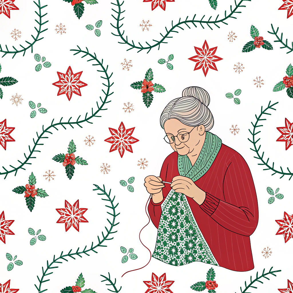 A grandmother knitting a scarf with Christmas patterns, involving loops of red and green yarn forming intricate shapes like snowflakes and holly berries.