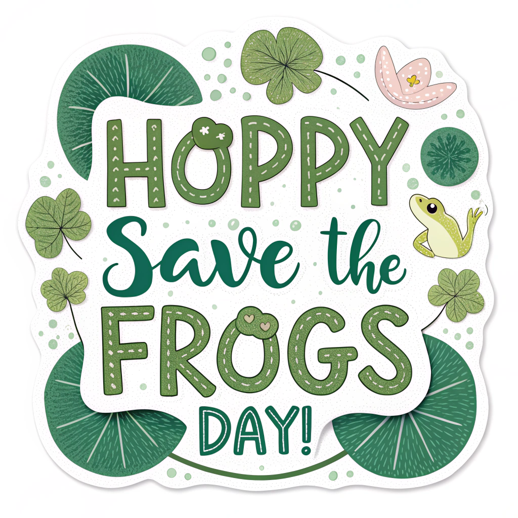 Use bubbly, rounded font for 'Hoppy Save The Frogs Day!', with lily pads forming the dots on 'i's or as serifs on some letters.