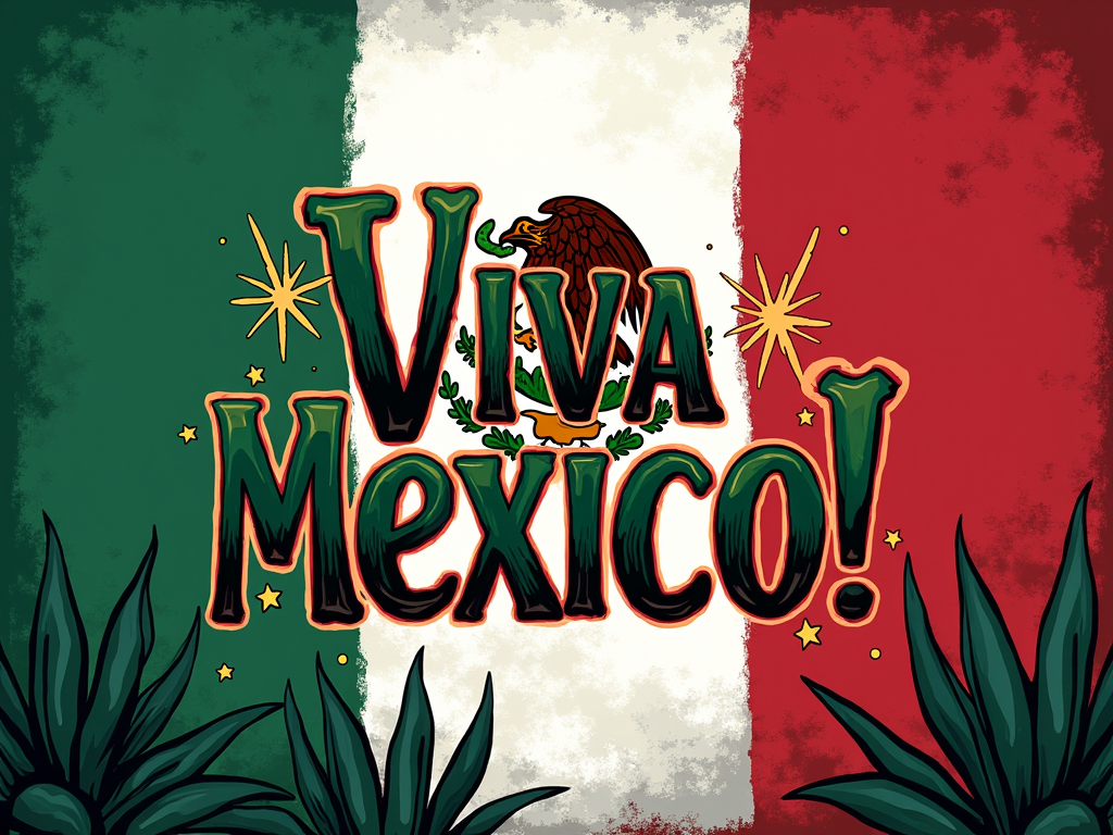 A T-shirt design that highlights the Mexican flag itself. The flag is depicted artistically, perhaps waving or as a textured backdrop. The eagle emblem (serpent, cactus) is clearly visible and artistically rendered on the white band of the flag. The text 'Viva México!' is overlaid in a bold, impactful font, possibly with a slight 3D effect or outline in contrasting flag colors to make it stand out. Festive accents like agave plant silhouettes or small starbursts could complete the theme.