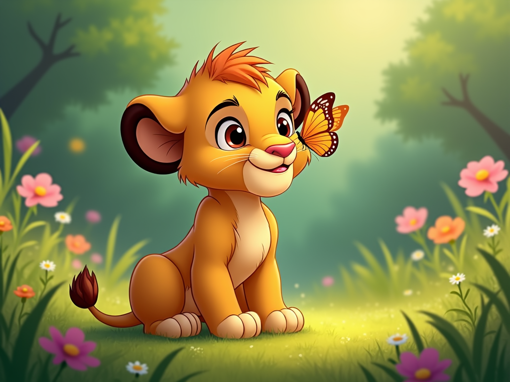 A cartoon lion cub with big, innocent eyes, sitting with a small butterfly on its nose.