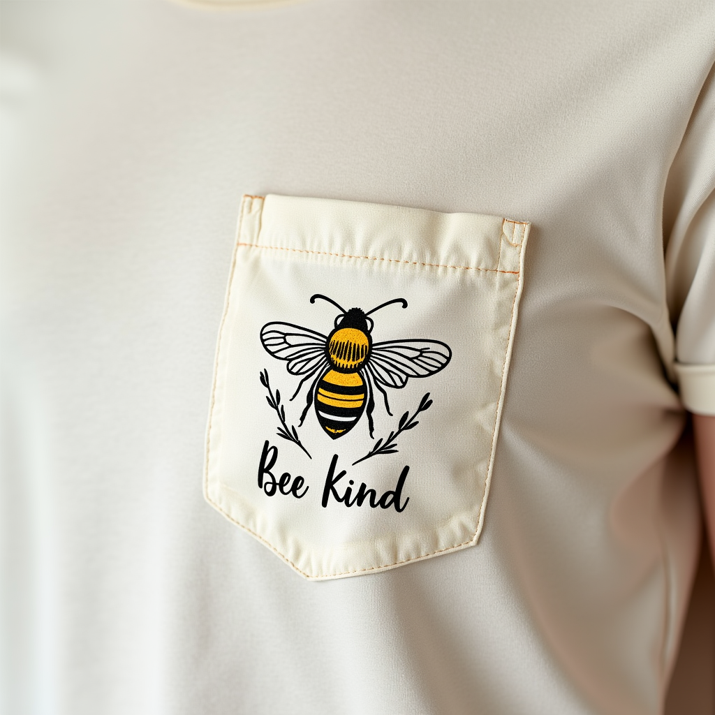 Sub Design Idea 4: 'Bee Kind' Pocket Print - A small, subtle design intended for the pocket area (or as a faux pocket). It features a simple line drawing of a bee surrounded by a few tiny flowers or leaves, with the words 'Bee Kind' integrated. Minimalist and chic.