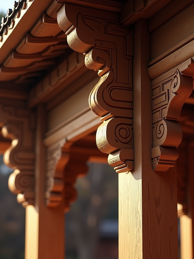 A detailed close-up section of the Temple's structure, emphasizing the play of soft light and shadow through its intricate wooden design. The illustration uses gentle gradients and highlights to evoke a quiet, contemplative mood and the beauty of its craftsmanship.