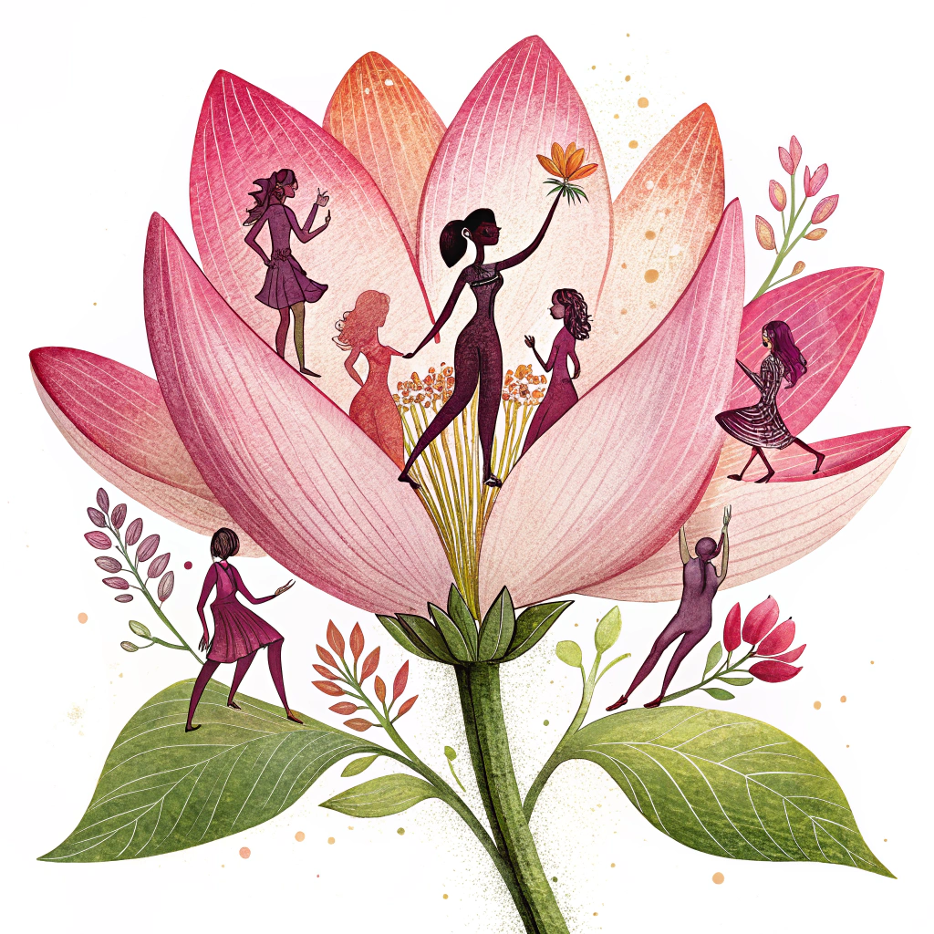 A blooming flower with petals shaped like female figures, symbolizing growth, strength, and beauty in women's health.