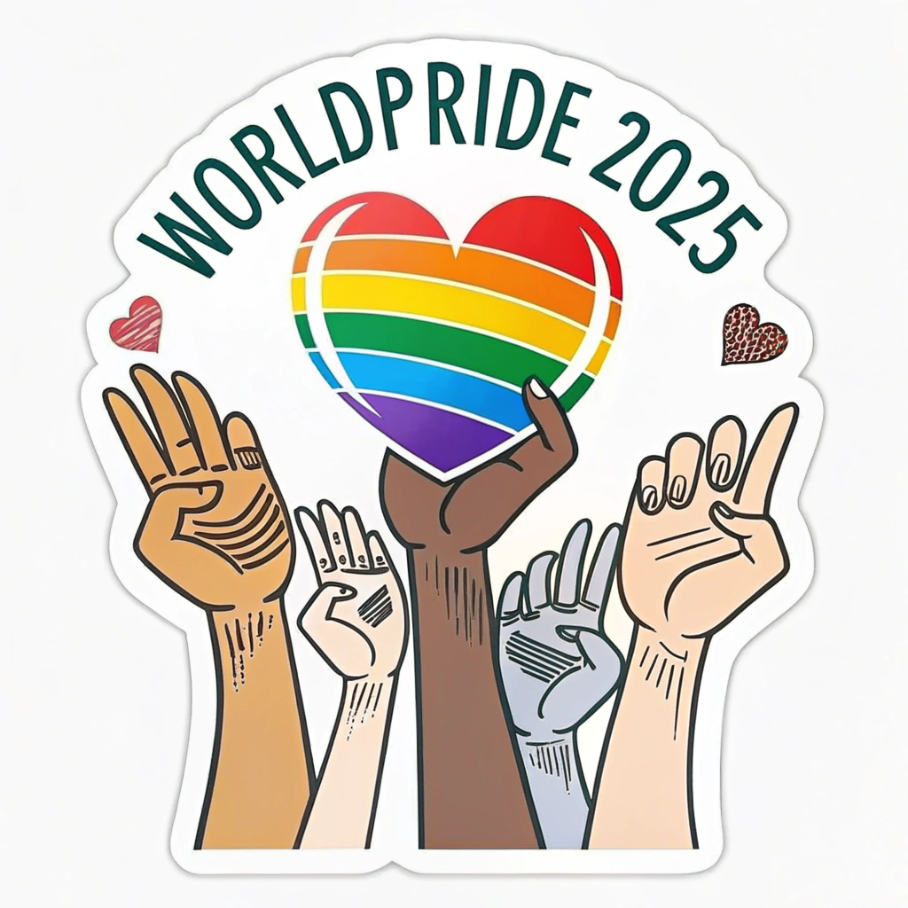 A design featuring the WorldPride 2025 Emblem being held or uplifted by multiple diverse hands (representing different skin tones and identities), symbolizing collective global support and unified action.