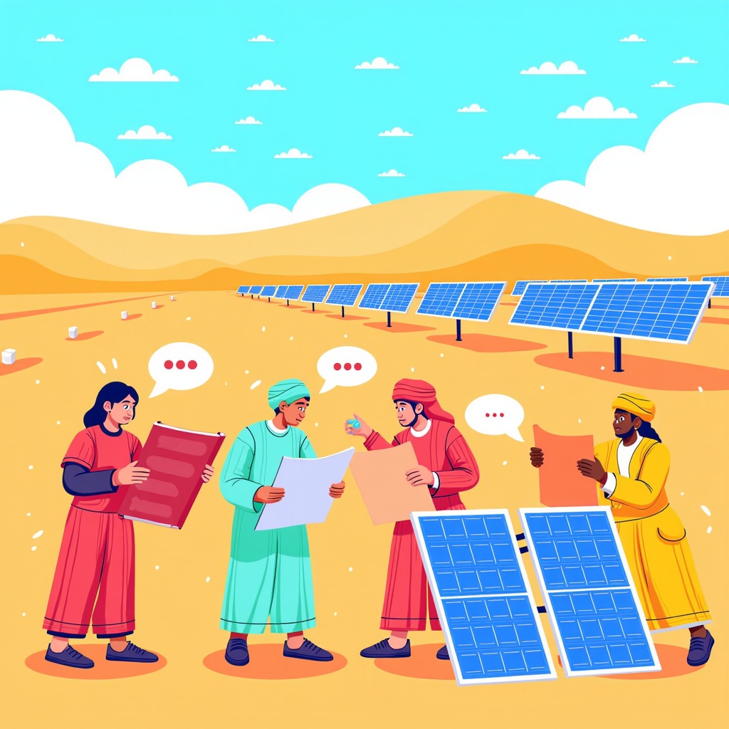 Depict a diverse global community collaborating on large-scale renewable energy projects, like a vast desert solar farm or an interconnected offshore wind grid, symbolizing unity in achieving a sustainable future.