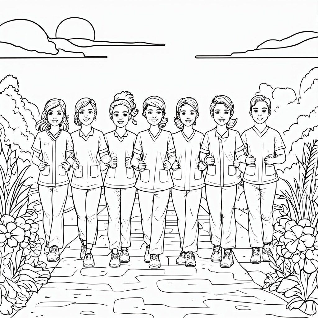 United for Care Walk: Depict a diverse line-up of nurses walking together with linked arms or hands, symbolizing unity and their collective journey in providing care. They should all have happy, determined expressions. The foreground could have flowers or a path, reinforcing the 'day' aspect.