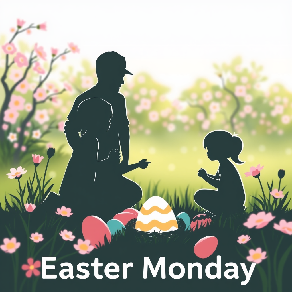 An icon depicting a family silhouette enjoying an outdoor activity like a picnic or egg hunt on Easter Monday, set against a backdrop of blooming flowers.