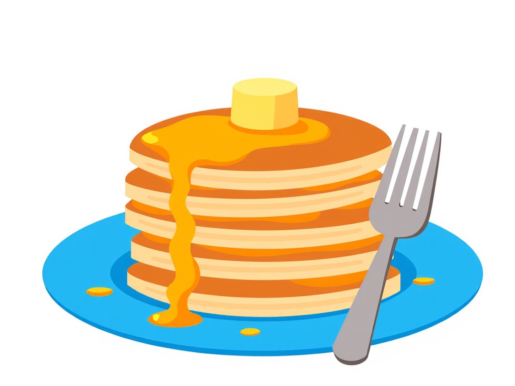 The image is an illustration of a stack of pancakes on a blue plate. The pancakes are golden brown and appear to be freshly made. On top of the stack, there is a small dollop of syrup dripping down the sides. A fork is resting on the plate next to the stack. The background is white.