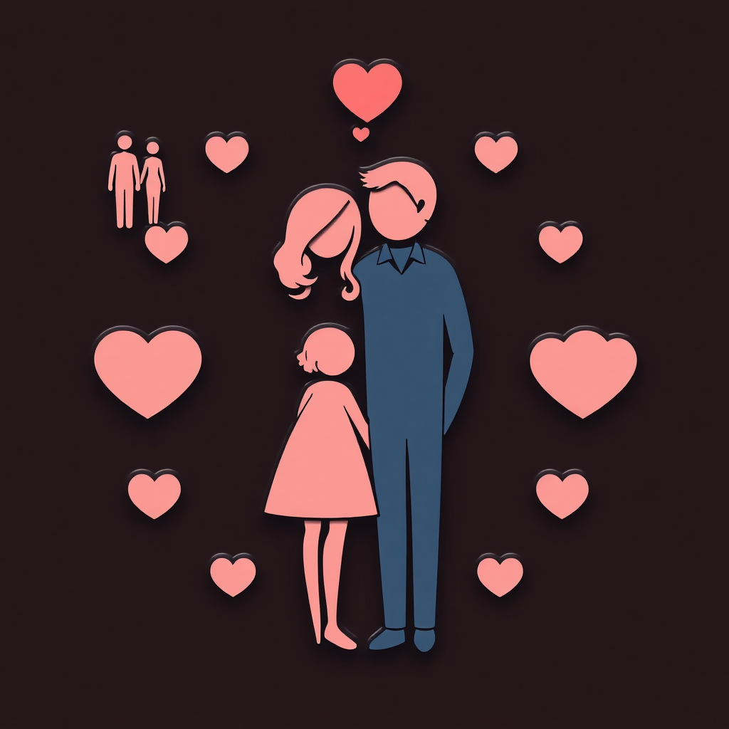 The image shows a man and a little girl standing in front of a heart-shaped background. The man is wearing a blue shirt and the little girl is wearing pink. The background is dark and there are several heart symbols scattered around them.