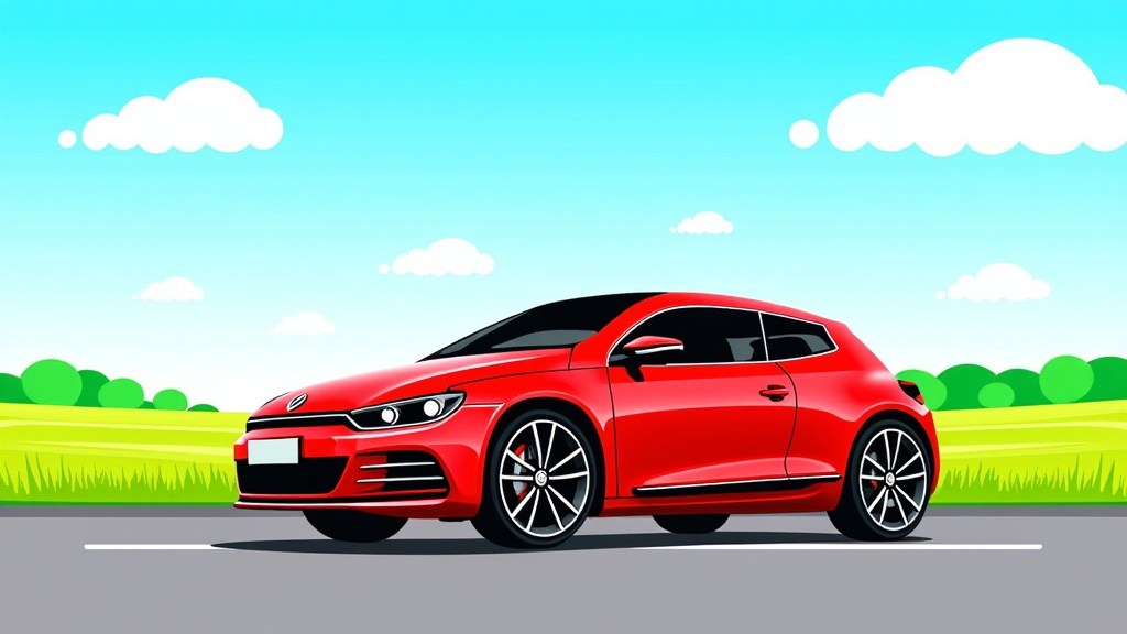 The image is a digital illustration of a red sports car parked on the side of a road. The car is a Volkswagen Scirocco, with a sleek and modern design. It has a black roof and black alloy wheels. The background is a bright blue sky with white clouds scattered across it. The road is surrounded by green fields and trees, creating a peaceful and serene atmosphere. The overall color scheme of the image is bright and vibrant, with the red car standing out against the blue sky.