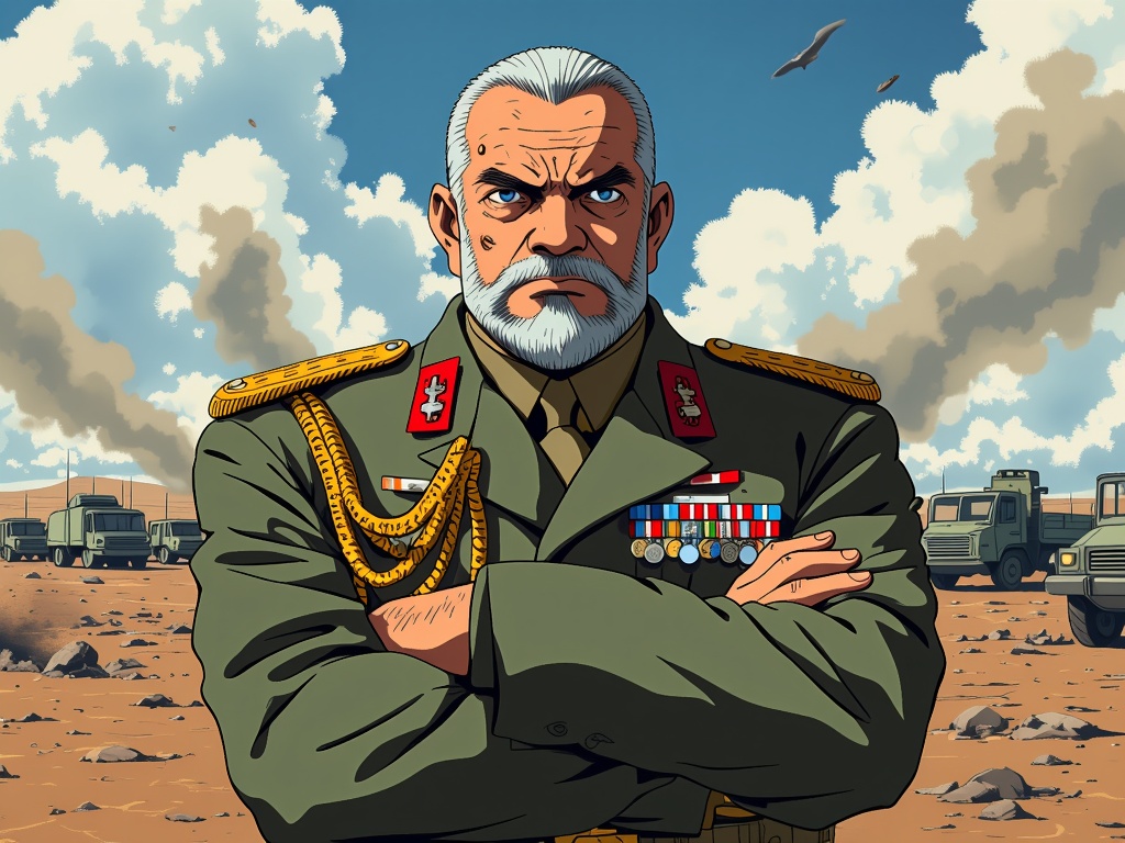 The image is an illustration of a man in a military uniform standing in a desert-like landscape. The man has a white beard and mustache and is wearing a green jacket with gold epaulettes and medals on his chest. He has his arms crossed in front of him and is looking directly at the camera with a serious expression on his face. In the background, there are several military vehicles and smoke rising from the ground. The sky is blue and there are a few birds flying in the distance.