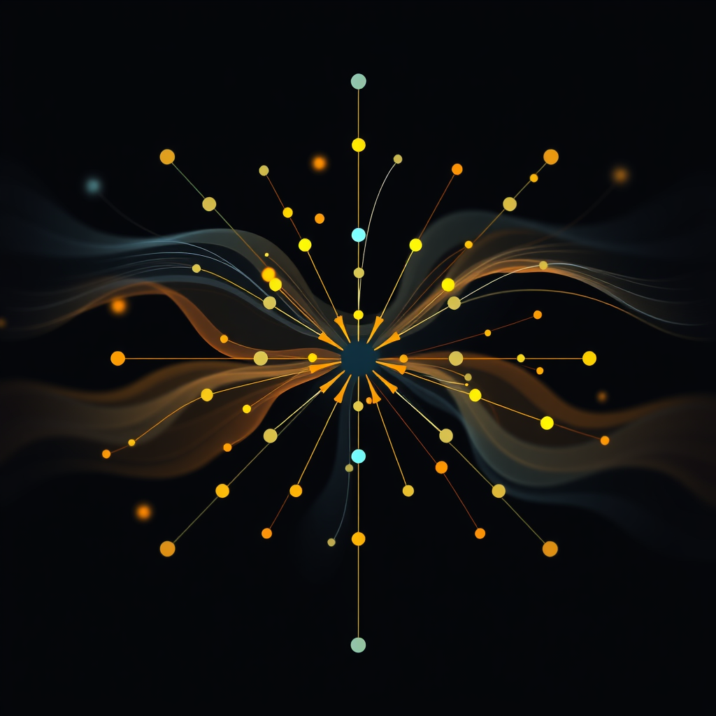 Data Stream Nodes: Abstract nodes visualized as flowing streams or particles converging into a central generative point, then dispersing as newly formed abstract shapes, emphasizing input and output.