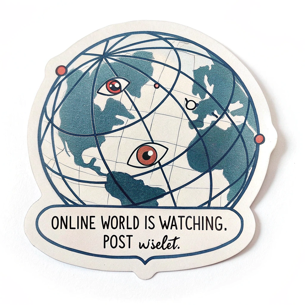 A sticker showing a stylized globe covered in an interconnected web. Small eye icons are subtly embedded within the web, looking out. Text: 'Online World is Watching. Post Wisely.'