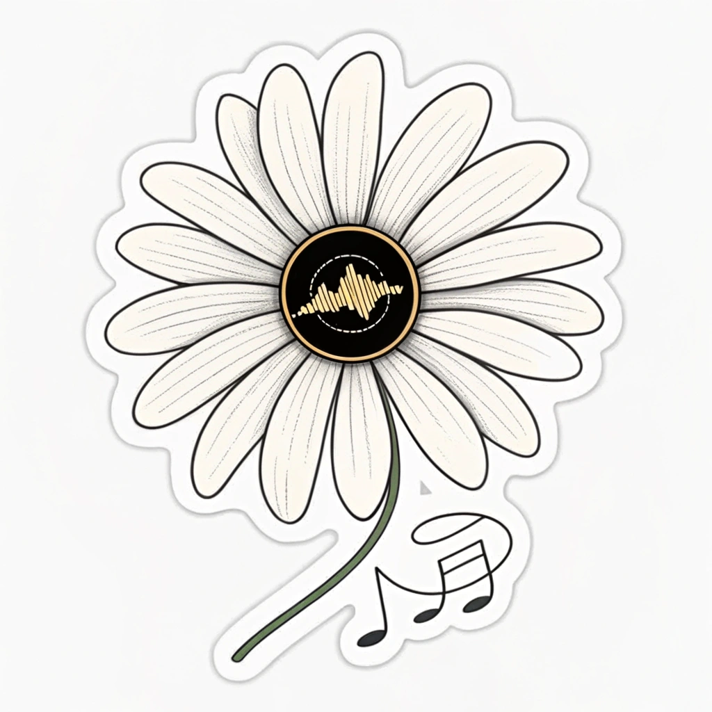 A simple, iconic daisy silhouette. Within each petal, a clean, single line representation of a soundwave is etched or subtly glowing. The center of the daisy could be a small, abstract representation of a vinyl record or a play button.