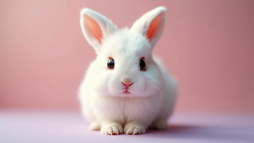 The image is a close-up portrait of a white rabbit sitting on a pink background. The rabbit is facing the camera and is looking directly at the camera with a curious expression. Its ears are large and pointed, and its eyes are wide open, giving it an alert and inquisitive look. Its fur is soft and fluffy, and it appears to be sitting upright with its front paws resting on the ground. The background is a soft pastel pink color, making the rabbit the focal point of the image.