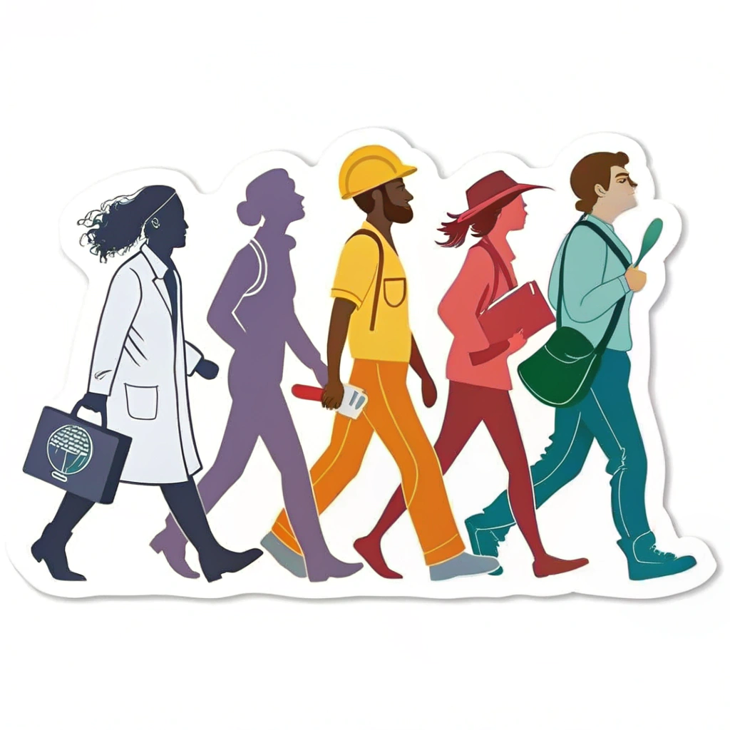 Sub-design 1: Stickers showing a diverse line-up of worker silhouettes, identifiable by iconic attributes (e.g., doctor's coat, hard hat, artist's brush, farmer's tool, teacher's book), marching in unison.
