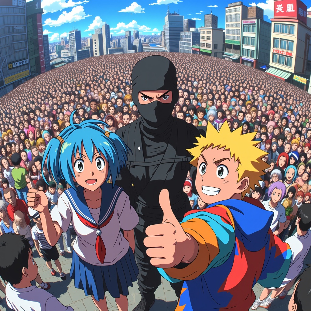 Sub-design Idea 5 (Ultimate Fan Group Photo): A highly detailed, panoramic illustration mimicking an energetic, massive group photo with rows of anime characters, featuring fun interactions like photo bombs and cross-fandom appreciation to emphasize unity.
