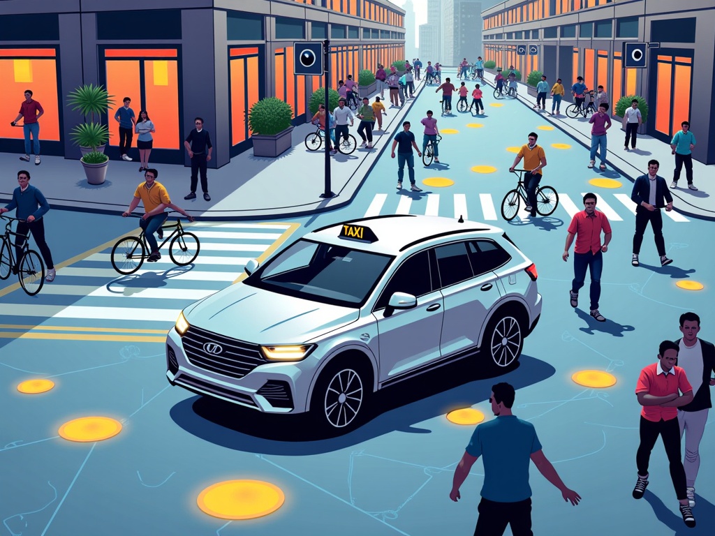 A dynamic action shot of a robotaxi navigating a complex scenario (e.g., a busy intersection with pedestrians and cyclists). Abstract visual cues (like glowing auras or network lines) represent the AI processing information from highlighted active sensors.