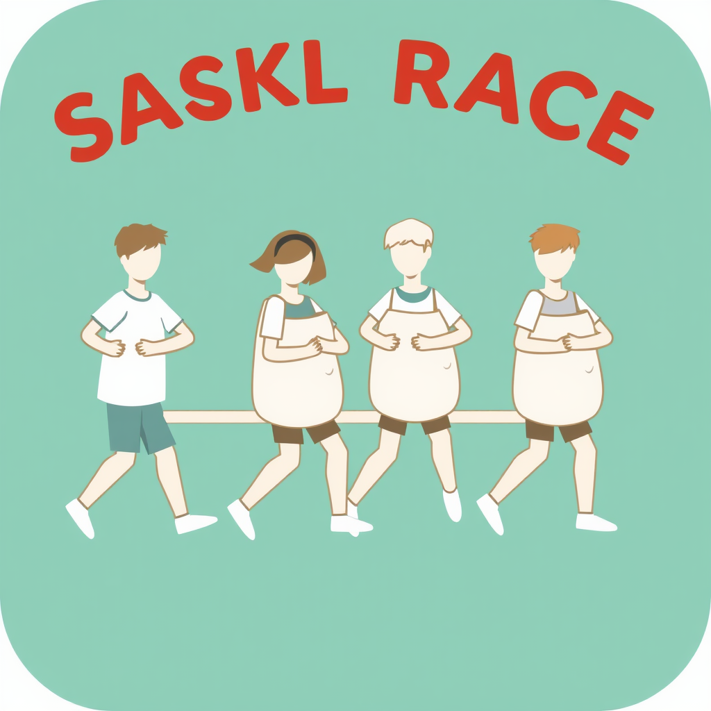 An icon representing a group of people participating in a sack race or three-legged race.