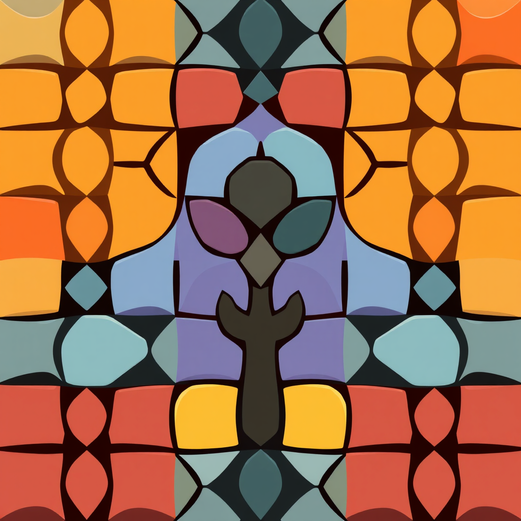 Unified Diversity Tessellation: A mosaic or tessellation of diverse abstract shapes and minimal color palettes that fit together perfectly, representing unity through variety. The overall composition could suggest a growing, interconnected structure.