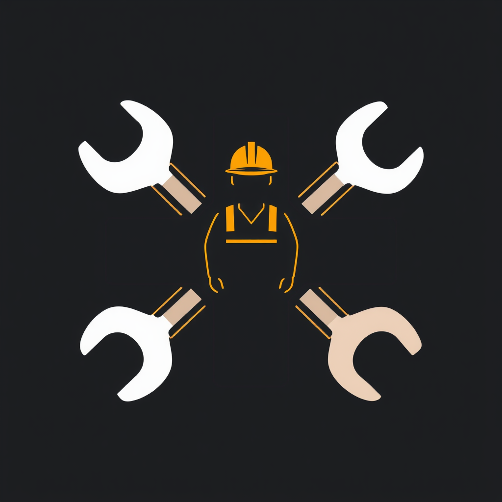 A plus sign where each of the four arms is subtly stylized to represent a safety tool (e.g., wrench, gear, hard hat) coming together, and a simple worker silhouette is placed at the central intersection.