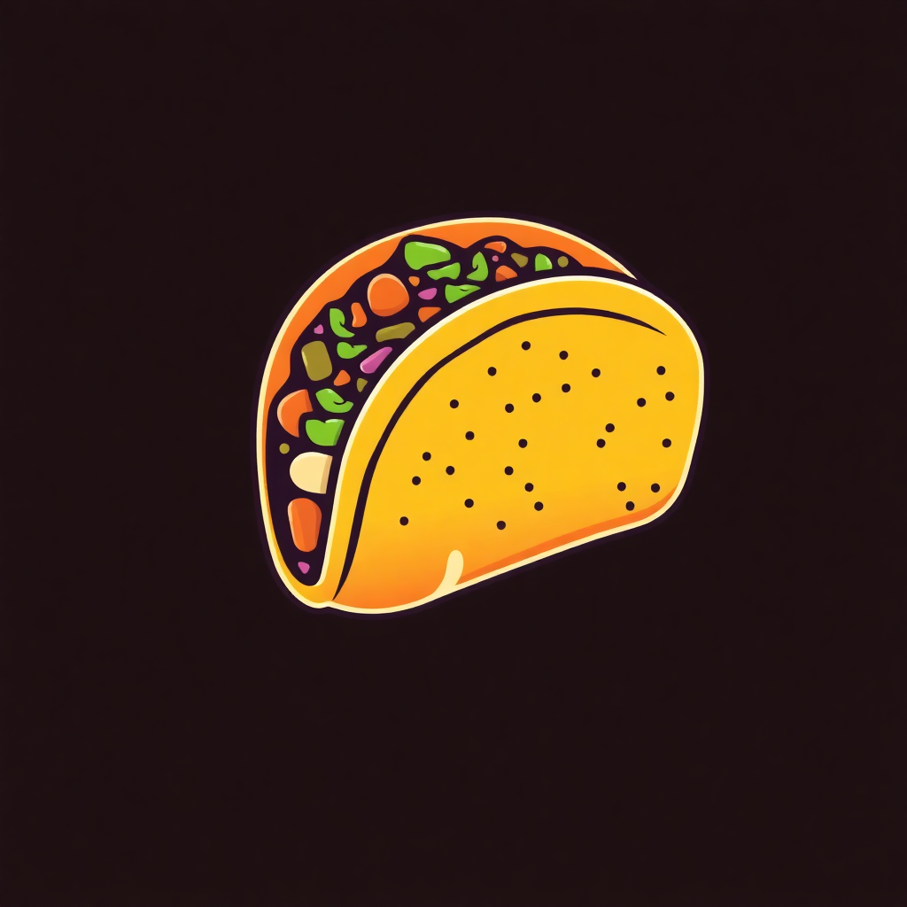 The image is an illustration of a taco. The taco is yellow in color and has small black dots scattered across its surface. It is filled with a variety of colorful ingredients, including red, green, orange, and yellow beans. The background is black, making the taco stand out. The illustration is simple and cartoon-like.