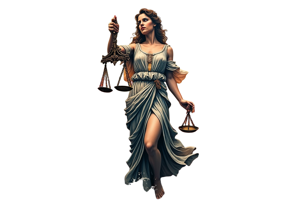 A Lady Justice tattoo adorns the calf, combining realism with fantasy as elements like fire or water intermingle with her figure.