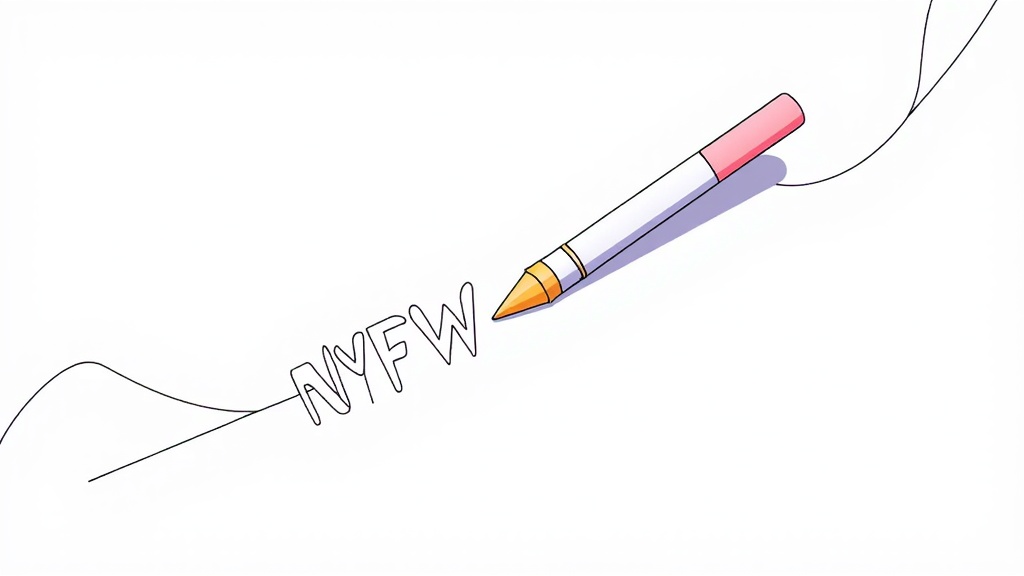 Simple icon idea for the illustration project: A stylized drawing tablet pen merging with a flowing line that forms 'NYFW', representing digital art and fashion.