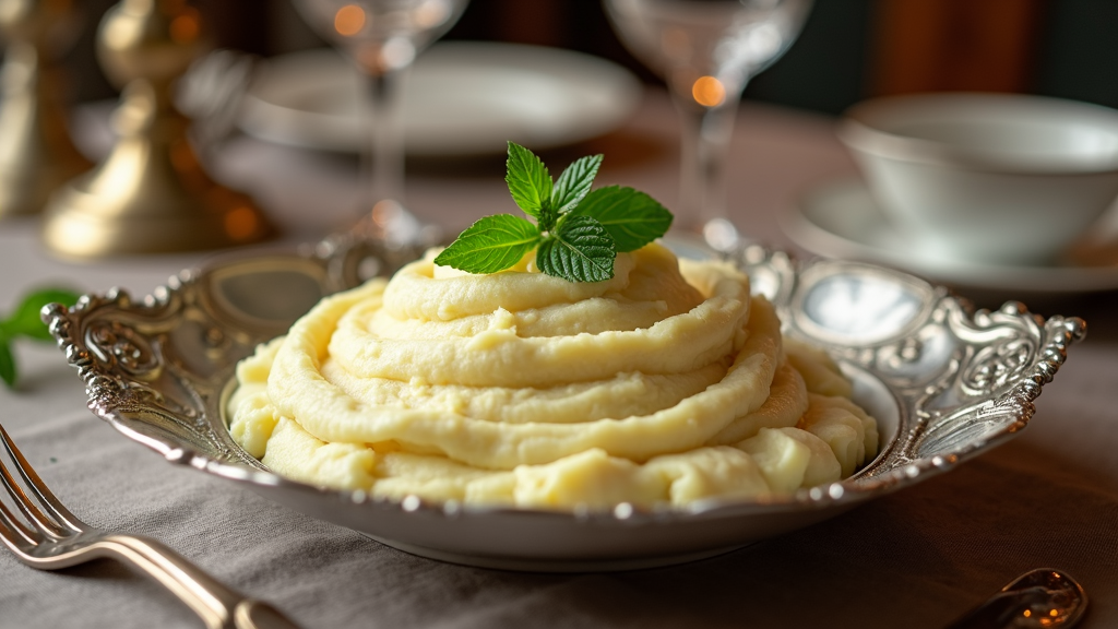 An elegant arrangement of mashed potatoes garnished with fresh mint leaves, served in a vintage silver bowl on a regal dining table.