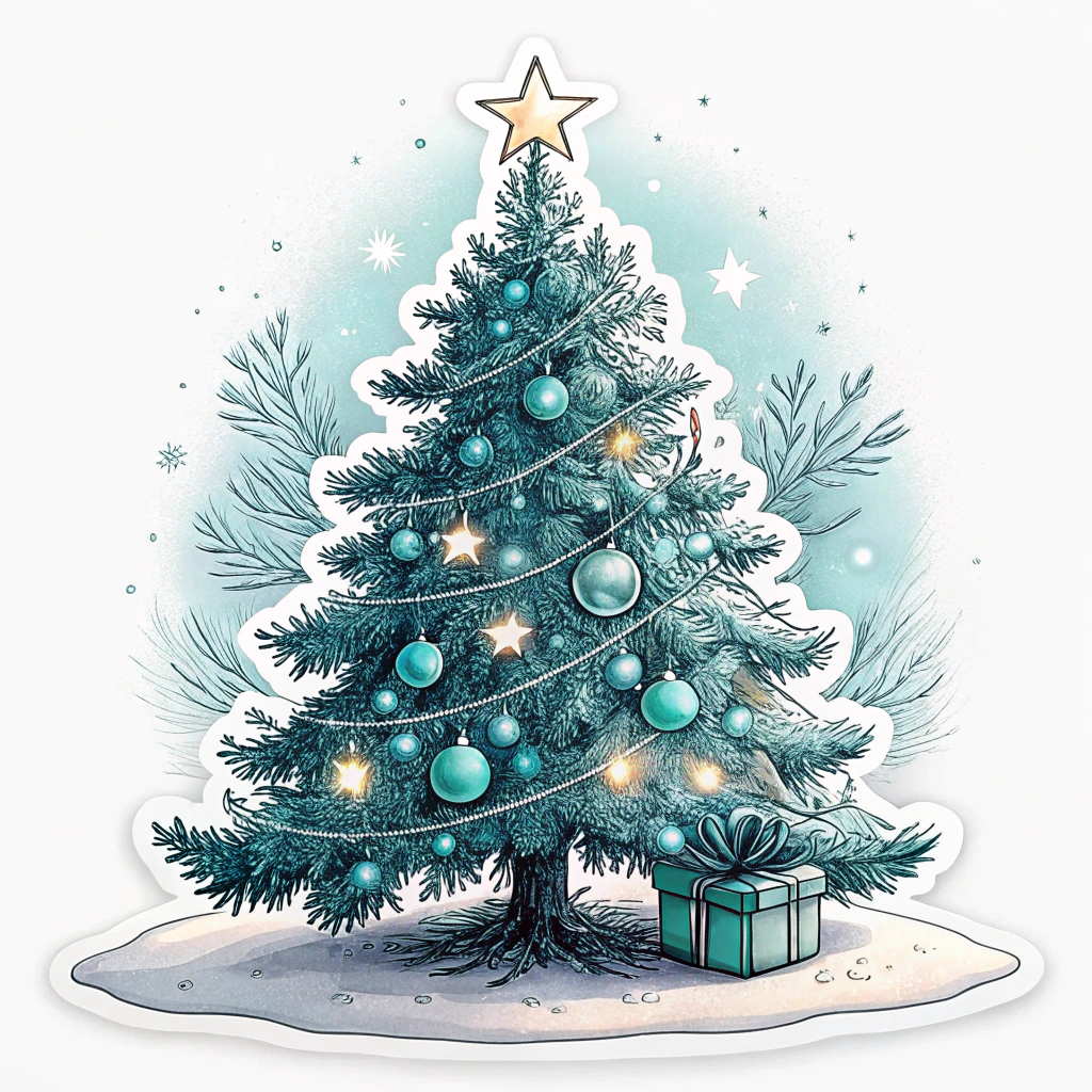 An enchanting Christmas tree sticker with glow-in-the-dark elements, creating a shimmery and ethereal holiday display once the lights are turned off.