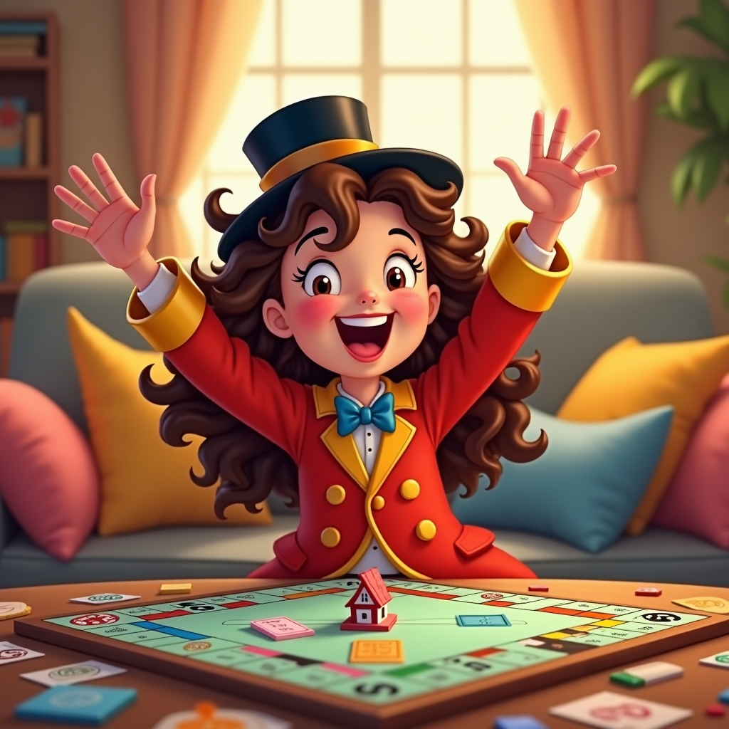 In a cozy living room setting, a girl with curly brown hair, dressed in a Mr. Monopoly costume, gleefully showcases her favorite board game. The Monopoly game spread in front of her shows colorful properties, chance cards, and houses, reflecting her excitement to play a family board game night and strategize towards winning.