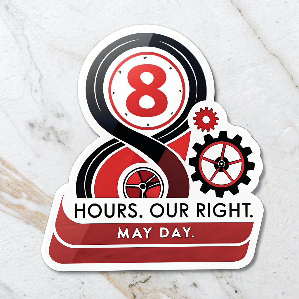 Modern Bold Statement: A sticker with a vibrant, contrasting color palette (e.g., red, black, white). A large numeral '8' as the central element, graphically integrated with a gear or a raised fist. Text: '8 HOURS. OUR RIGHT. MAY DAY.' in a strong, sans-serif font.
