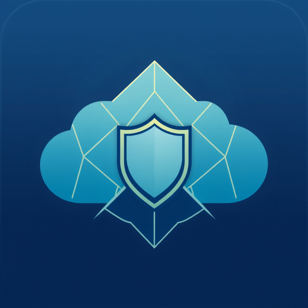 A cloud depiction composed of interconnected, secure geometric segments, with one central segment clearly shaped as a shield.
