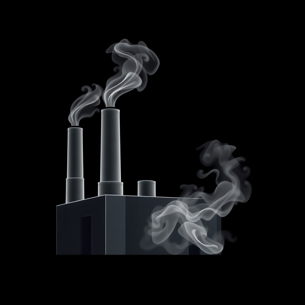 The image is a black and white illustration of a factory chimney. The chimney is tall and cylindrical in shape, with two tall chimneys on either side. The smoke is billowing out of the chimney, creating a wispy effect. The background is completely black, making the smoke stand out even more. The image is simple and minimalistic, with no other elements in the background.