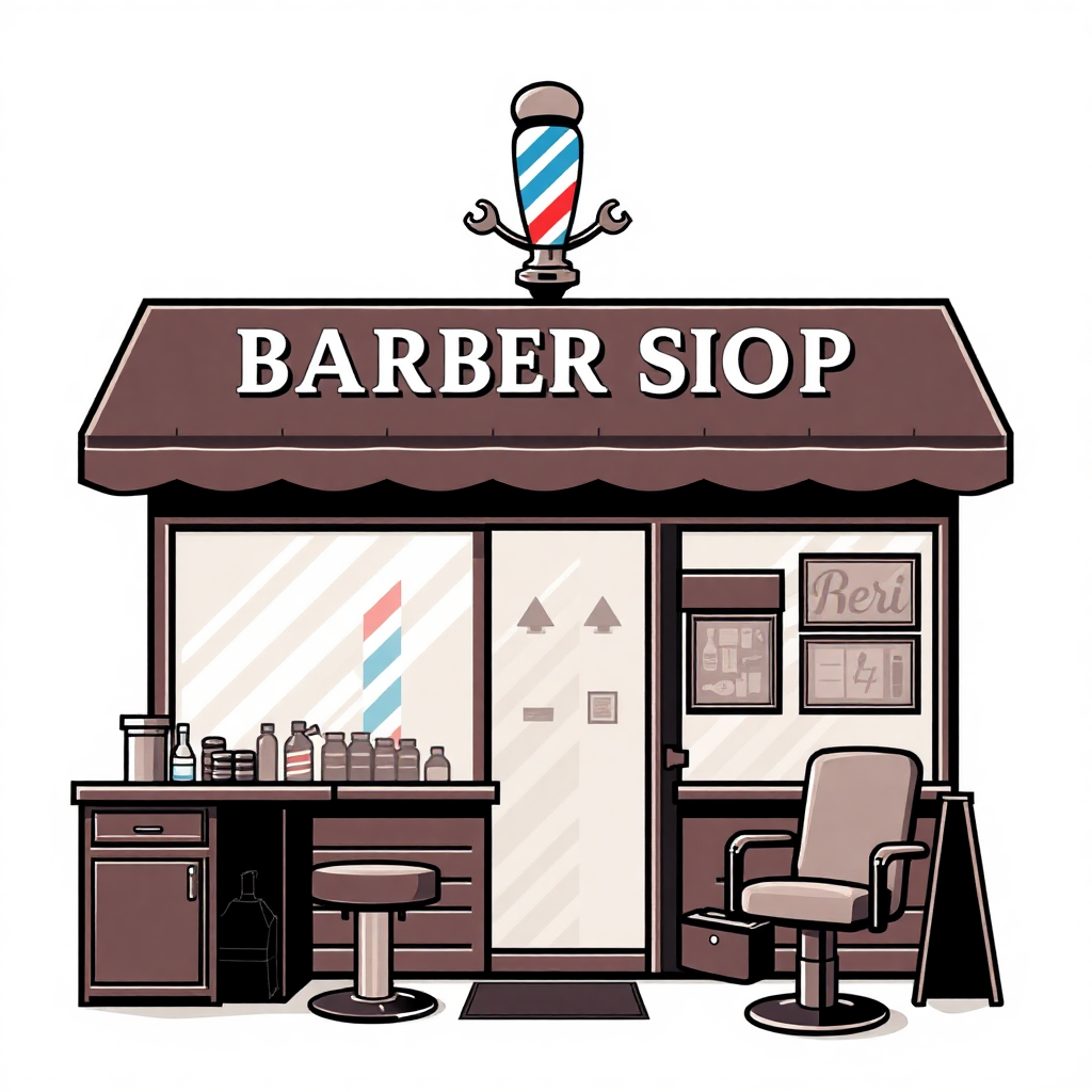 The image is an illustration of a barber shop. The shop has a brown awning with the words Barber Shop written in white capital letters above the entrance. Below the entrance, there is a large barber pole with a red, white, and blue striped pattern. On the right side of the shop, there are two barber chairs and a counter with various barber tools and supplies. The counter has a sink and a mirror, and there are several bottles of hair products on the counter. The walls are decorated with framed pictures and posters. The overall style of the illustration is cartoon-like.